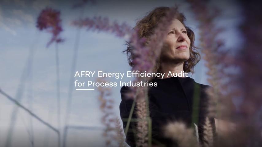 A thumbnail for video, a woman with flowers around her, with a text AFRY Energy Efficiency Audit for Process Industries